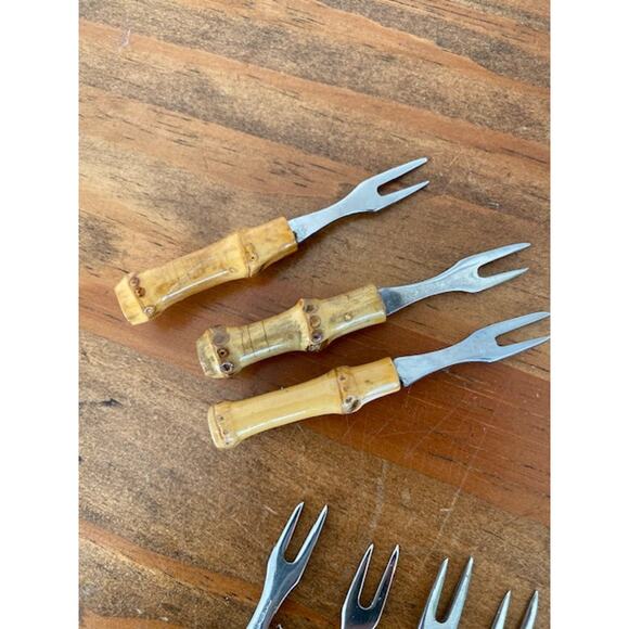 10 Vintage Bamboo Handle Stainless Steel Cocktail Appetizer Forks - Picture 4 of 5